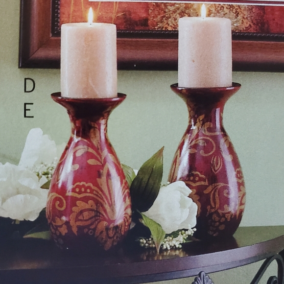 Ashville Candle Holders set of 2. Home Interiors New Damask print Rich Red color - Picture 1 of 3